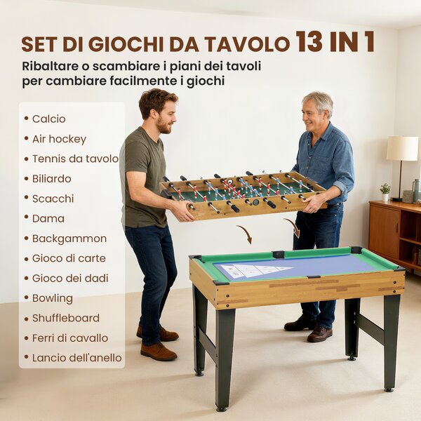 SPORTNOW Tavolo da Gioco 13 in 1 con Calciobalilla, Ping Pong, Air Hockey, Biliardo, Scacchi e Altri, Noce | Aosom Italy