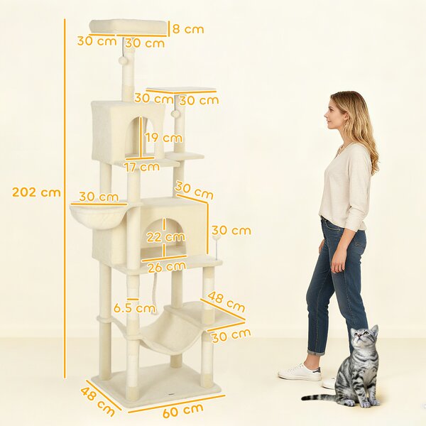 PawHut Albero Tiragraffi per Gatti con Piattaforma, Torre, Letto, Tane e Pali in Sisal 60x48x202 cm Beige | Aosom Italy