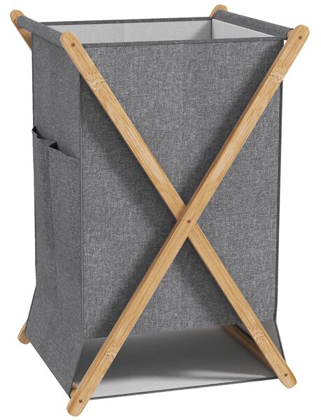 HOMCOM Cesto Portabiancheria Pieghevole 55L in Tessuto e Telaio in Bambù, Legno e Grigio