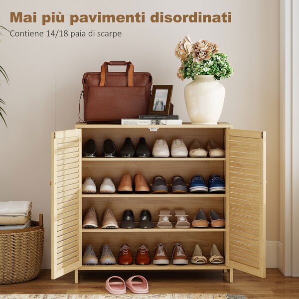 HOMCOM Scarpiera in Bambù con Ante a Persiana, Mobile Porta Scarpe con Ripiani Regolabili, Capacità per 14 Paia, 80 x 35 x 80 cm, Finitura Naturale | Aosom Italy
