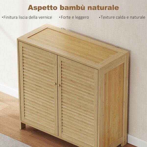 HOMCOM Scarpiera in Bambù con Ante a Persiana, Mobile Porta Scarpe con Ripiani Regolabili, Capacità per 14 Paia, 80 x 35 x 80 cm, Finitura Naturale | Aosom Italy