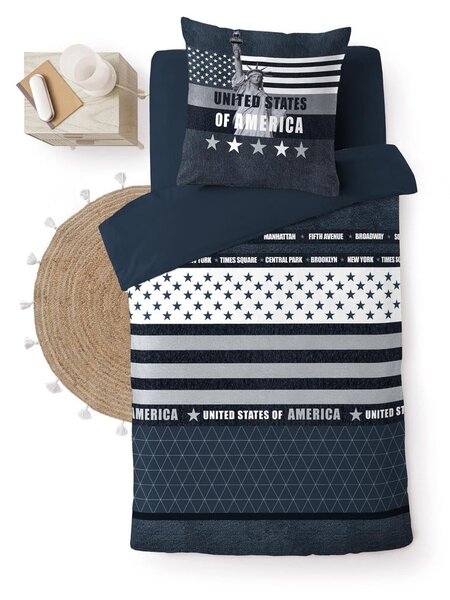 Set copripiumino e federa blu scuro in cotone per letto singolo 140x200 cm States – douceur d'intérieur