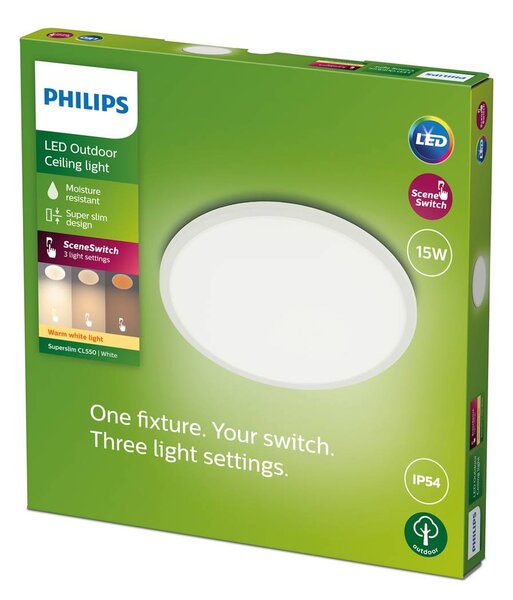 Philips SuperSlim LED IP54 Ø 25cm 2.700K bianco Superslim, dimmerabile, Bianco / Opale, Metallo, Plafoniere LED