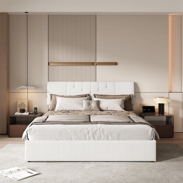 Letto Moonbite con contenitore, dimensioni 160x200 cm – Struttura in legno, rivestimento in tessuto bouclé color crema, con coperchio a doppio movimento, cornice con porta USB e ampio spazio contenitivo. Colori: crema, bianco