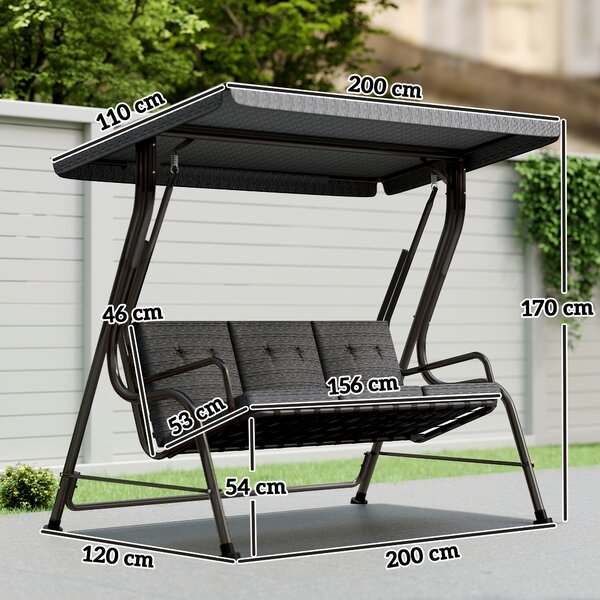 Outsunny Dondolo da Esterno 3 Posti con Seduta Imbottita e Tettuccio Regolabile Anti-Raggi UV, Dondolo Giardino in Acciaio, Nero | Aosom Italy