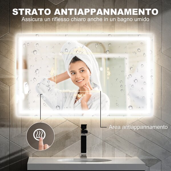 HOMCOM Specchio Bagno con Luci LED Regolabili a 3 Colori e Strato Antiurto, Antiappannamento in Vetro e Metallo, 100x3x60cm|Aosom Italy