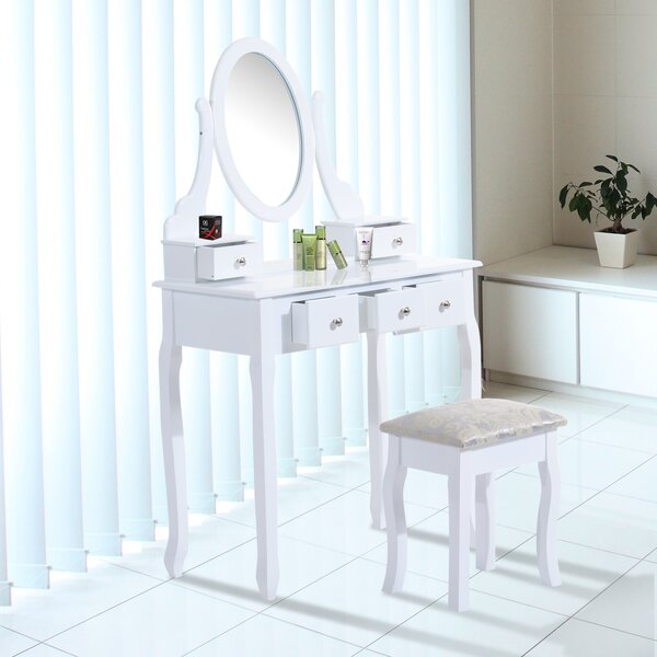 HOMCOM Toeletta Tavolo da Trucco con Specchiera e Sgabello Imbottito, Legno, Bianco