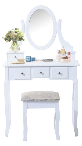 HOMCOM Toeletta Tavolo da Trucco con Specchiera e Sgabello Imbottito, Legno, Bianco
