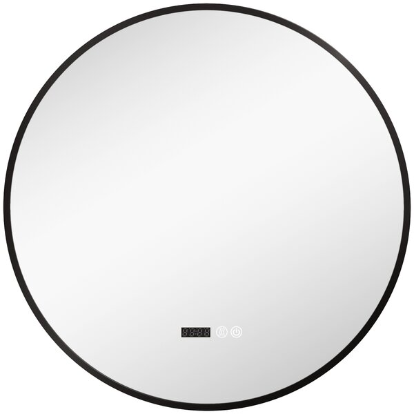 HOMCOM Specchio Bagno con Luce LED Regolabile, Antiappannamento e Display Tempo e Temperatura, Ø70 cm, Nero