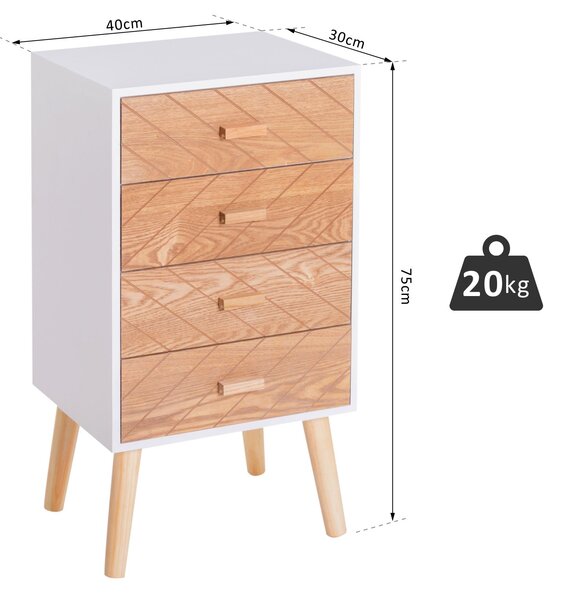 Homcom Cassettiera in Legno 4 Cassetti, Bianco e Legno, 40x30x75cm