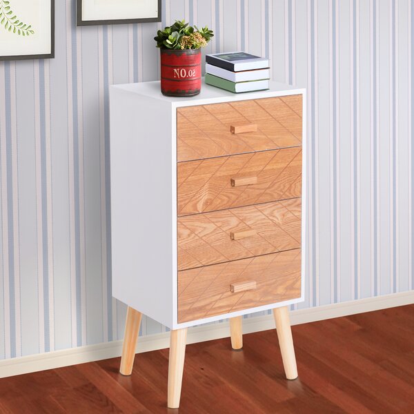 Homcom Cassettiera in Legno 4 Cassetti, Bianco e Legno, 40x30x75cm