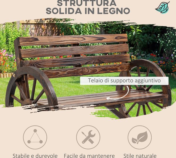 Outsunny Panchina da Giardino da 2 Posti con Braccioli a Ruota, Panchina da Esterno a Doghe in Legno di Abete, Stile Country, Panca per Terrazza Patio e Cortile, 105.5x56x79 cm, Carbonizzato | Aosom Italy