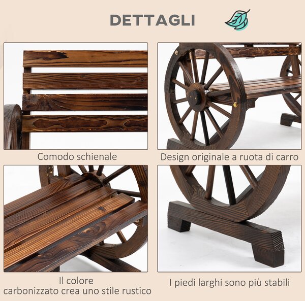 Outsunny Panchina da Giardino da 2 Posti con Braccioli a Ruota, Panchina da Esterno a Doghe in Legno di Abete, Stile Country, Panca per Terrazza Patio e Cortile, 105.5x56x79 cm, Carbonizzato | Aosom Italy