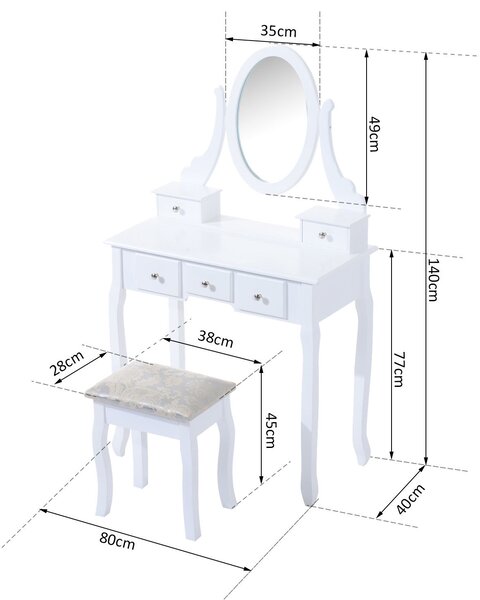 HOMCOM Toeletta Tavolo da Trucco con Specchiera e Sgabello Imbottito, Legno, Bianco