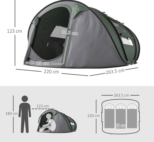 Outsunny Tenda da Campeggio Pop Up 4-5 Posti, 2 Porte e 4 Finestre Telo Impermeabile, 263.5x220x123cm Verde Scuro|Aosom