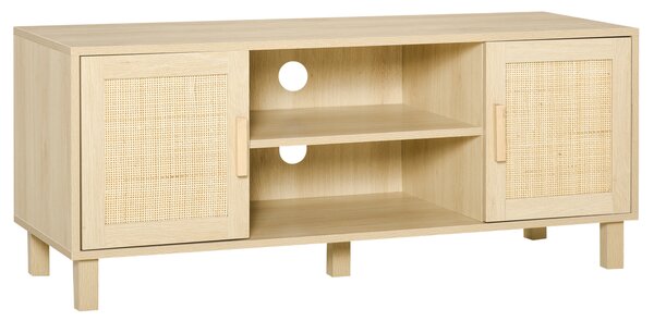 HOMCOM Mobile Porta TV con Vani Aperti e Ante in Rattan, Mobiletto per TV Fino 50'', 115x40x48cm, Colore Legno