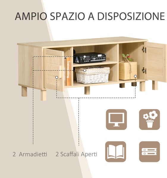 HOMCOM Mobile Porta TV con Vani Aperti e Ante in Rattan, Mobiletto per TV Fino 50'', 115x40x48cm, Colore Legno