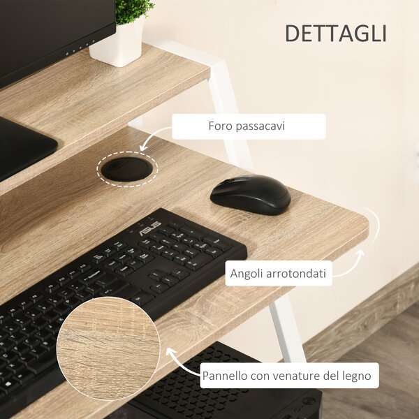 HOMCOM Scrivania per Camera e Ufficio a 2 Livelli, Arredamento Moderno in Legno e Metallo, 84x45x85cm, Bianco e Rovere