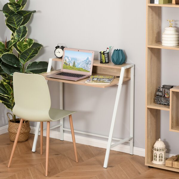 HOMCOM Scrivania per Camera e Ufficio a 2 Livelli, Arredamento Moderno in Legno e Metallo, 84x45x85cm, Bianco e Rovere
