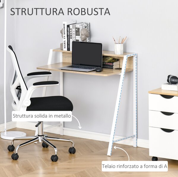 HOMCOM Scrivania per Camera e Ufficio a 2 Livelli, Arredamento Moderno in Legno e Metallo, 84x45x85cm, Bianco e Rovere