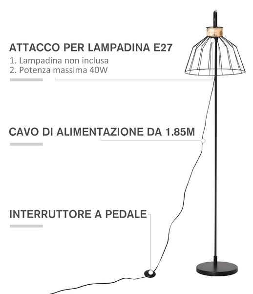 HOMCOM Lampada da Terra di Design Stile Industriale in Metallo e Rattan, Illuminazione Casa e Ufficio, 44x34x154cm, Nero