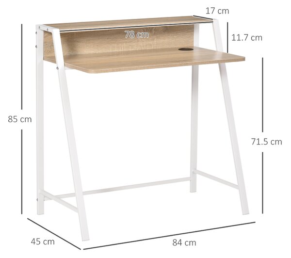 HOMCOM Scrivania per Camera e Ufficio a 2 Livelli, Arredamento Moderno in Legno e Metallo, 84x45x85cm, Bianco e Rovere