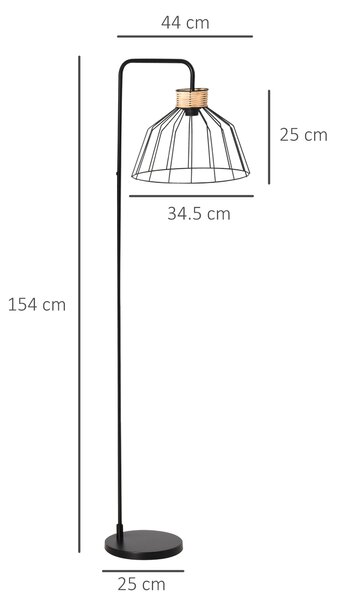 HOMCOM Lampada da Terra di Design Stile Industriale in Metallo e Rattan, Illuminazione Casa e Ufficio, 44x34x154cm, Nero
