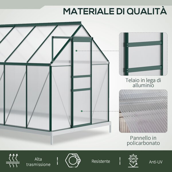 Outsunny Serra da Giardino con Finestra Apribile e Porta Scorrevole, in Policarbonato e Struttura in Alluminio, 190x375x199cm, Verde | Aosom Italy