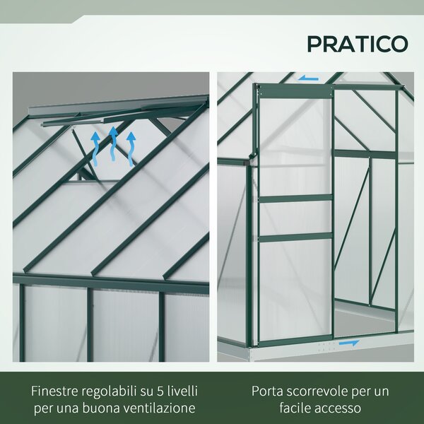 Outsunny Serra da Giardino con Finestra Apribile e Porta Scorrevole, in Policarbonato e Struttura in Alluminio, 190x375x199cm, Verde | Aosom Italy