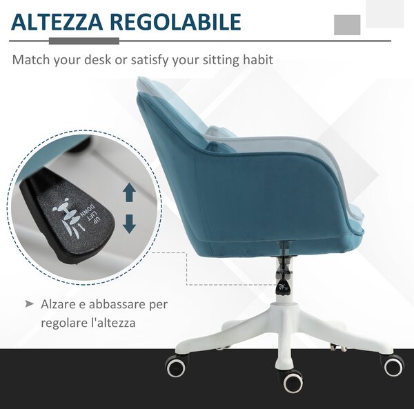 HOMCOM sedia da ufficio in velluto con funzione massaggio con cuscino lombare integrato altezza regolabile girevole a 360° - blu