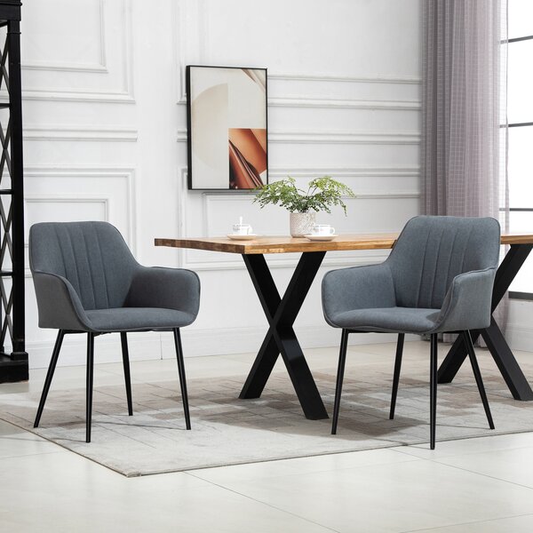 HOMCOM Sedie da pranzo in 2 pezzi con rivestimento in lino traspirante Sedia ergonomica da cucina con braccioli dello schienale e gambe in metallo Lino grigio scuro 59,5 x 56,5 x 81 cm