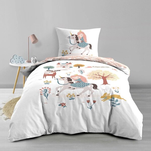 Set copripiumino e federa da bambini bianco/rosa in cotone per letto singolo 140x200 cm Lilibelle – douceur d'intérieur