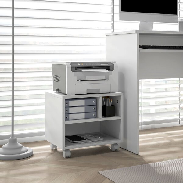 HOMCOM Mobile Porta Stampante a 2 Livelli con 3 Scomparti e Ruote per Ufficio e Studio, 40x30x36cm, Bianco