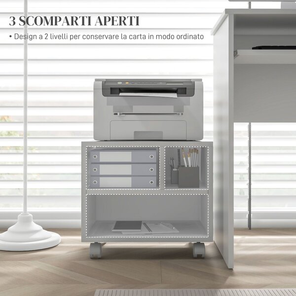 HOMCOM Mobile Porta Stampante a 2 Livelli con 3 Scomparti e Ruote per Ufficio e Studio, 40x30x36cm, Bianco