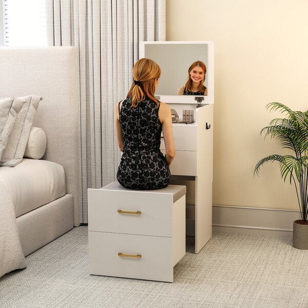 HOMCOM Tavolo da toeletta 3-in-1 con specchio, comodino, sgabello a rotelle, cassetti, Bianco | Aosom Italy
