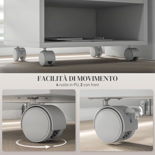 HOMCOM Mobile Porta Stampante a 2 Livelli con 3 Scomparti e Ruote per Ufficio e Studio, 40x30x36cm, Bianco