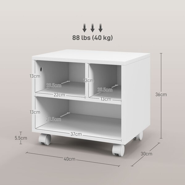 HOMCOM Mobile Porta Stampante a 2 Livelli con 3 Scomparti e Ruote per Ufficio e Studio, 40x30x36cm, Bianco