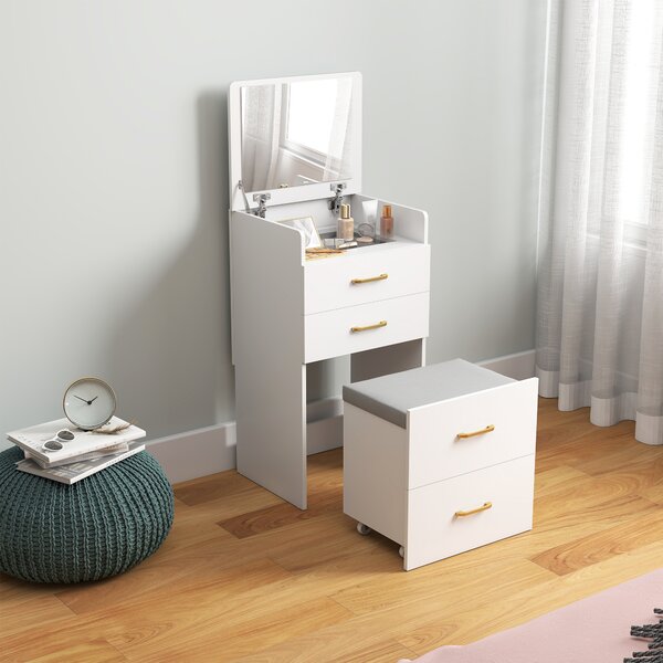 HOMCOM Tavolo da toeletta 3-in-1 con specchio, comodino, sgabello a rotelle, cassetti, Bianco | Aosom Italy