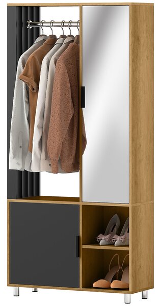 HOMCOM Armadio con Specchio e Asta Appendiabiti, Ripiani di Stoccaggio Aperti, Legno Naturale, Nero | Aosom Italy