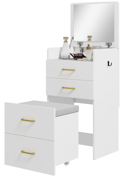 HOMCOM Tavolo da toeletta 3-in-1 con specchio, comodino, sgabello a rotelle, cassetti, Bianco | Aosom Italy
