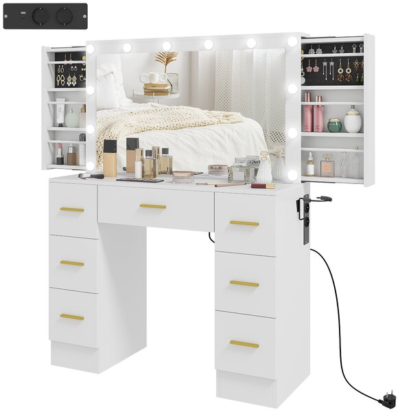 HOMCOM Tavolo da Trucco con Specchio e 12 Luci LED, Consolle per il Trucco con 7 Cassetti, 6 Staufächer nascosti, Truciolato, Bianco | Aosom Italy