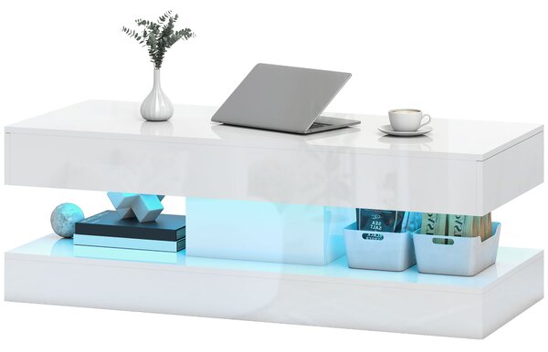 HOMCOM Tavolino da Salotto con Cassetti e Luci LED, Tavolino da Caffè Moderno con Ripiano Aperto, Tavolino, Truciolato, Bianco | Aosom Italy