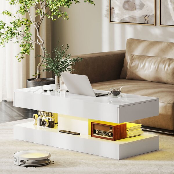 HOMCOM Tavolino da Salotto con Cassetti e Luci LED, Tavolino da Caffè Moderno con Ripiano Aperto, Tavolino, Truciolato, Bianco | Aosom Italy