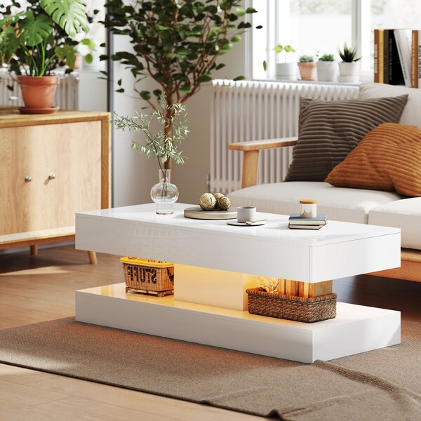 HOMCOM Tavolino da Salotto con Cassetti e Luci LED, Tavolino da Caffè Moderno con Ripiano Aperto, Tavolino, Truciolato, Bianco | Aosom Italy