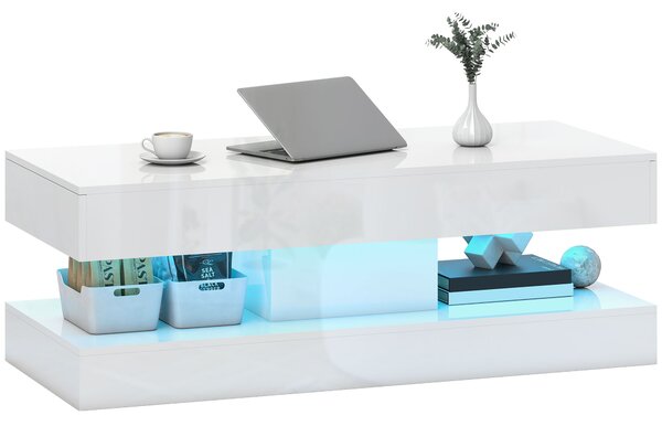 HOMCOM Tavolino da Salotto con Cassetti e Luci LED, Tavolino da Caffè Moderno con Ripiano Aperto, Tavolino, Truciolato, Bianco | Aosom Italy