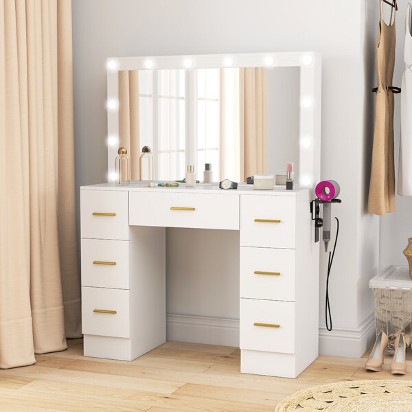 HOMCOM Tavolo da Trucco con Specchio e 12 Luci LED, Consolle per il Trucco con 7 Cassetti, 6 Staufächer nascosti, Truciolato, Bianco | Aosom Italy