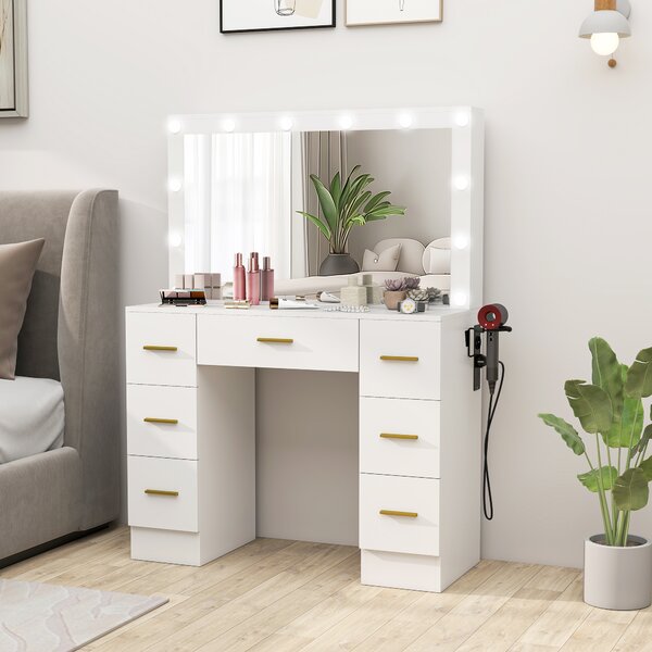 HOMCOM Tavolo da Trucco con Specchio e 12 Luci LED, Consolle per il Trucco con 7 Cassetti, 6 Staufächer nascosti, Truciolato, Bianco | Aosom Italy