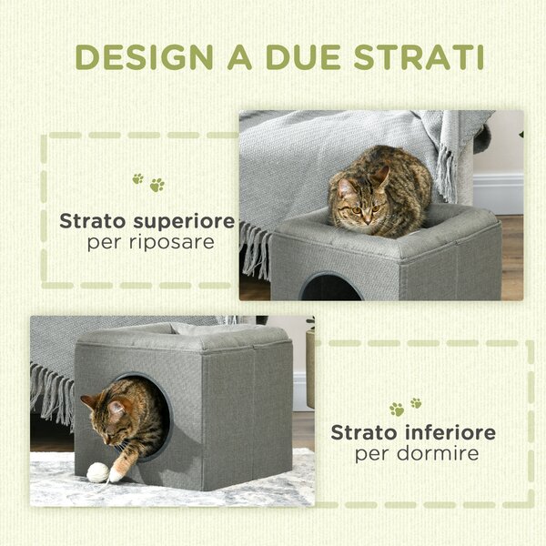PawHut Casetta per Gatti a 2 Livelli con Cuscino in Peluche, in Legno, Poliestere e Plastica, 36.5x36.5x33 cm, Verde | Aosom Italy