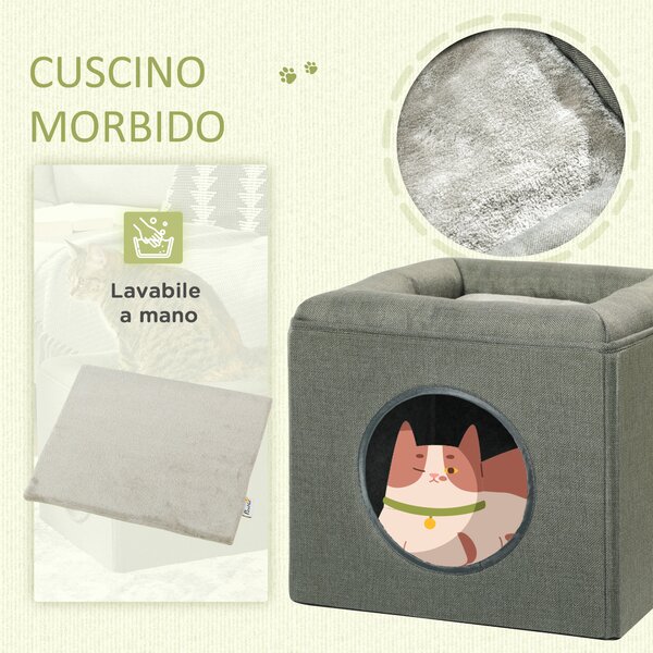 PawHut Casetta per Gatti a 2 Livelli con Cuscino in Peluche, in Legno, Poliestere e Plastica, 36.5x36.5x33 cm, Verde | Aosom Italy