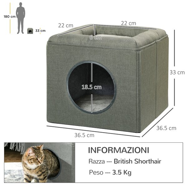 PawHut Casetta per Gatti a 2 Livelli con Cuscino in Peluche, in Legno, Poliestere e Plastica, 36.5x36.5x33 cm, Verde | Aosom Italy